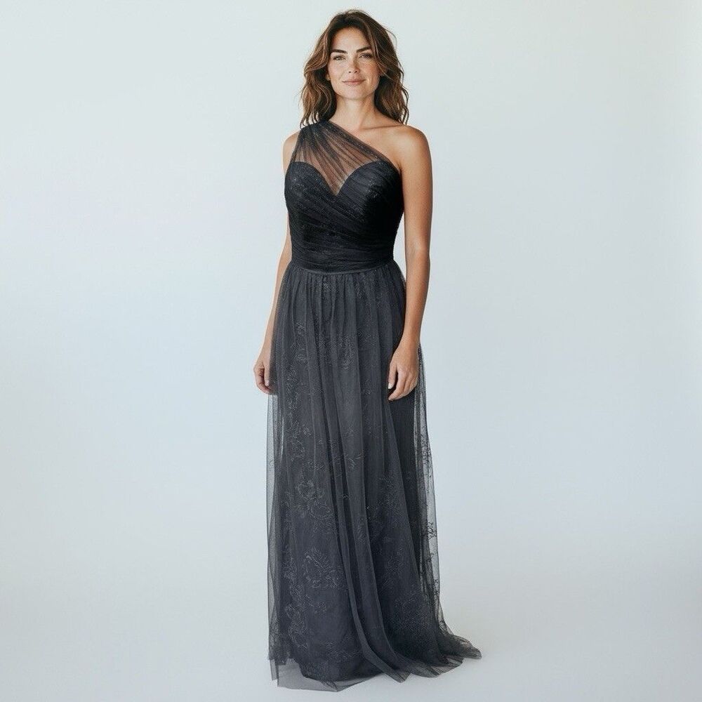 BHLDN x Hayley Paige Phoebe Black Tulle One Shoulder Gown Dress Size 2 Wedding